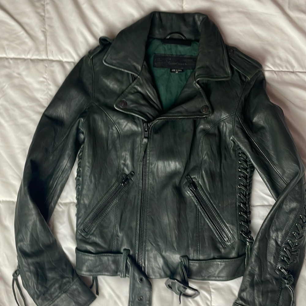 Hunter green True Religion real leather biker jacket